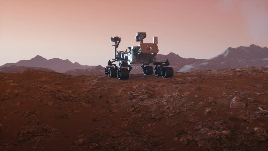 Perseverance Rover on Mars overlooks a Martian valley