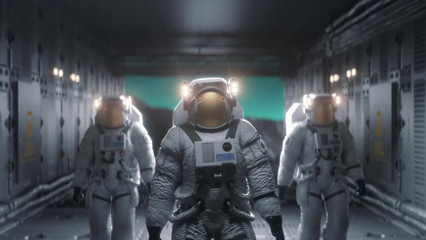 Three astronauts are in a ship preparing to explore an alien planet