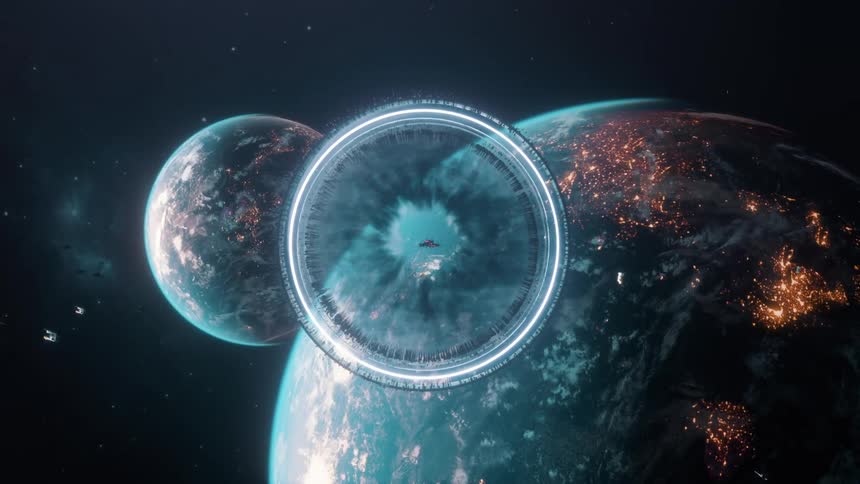 A spaceship enters a hyperspace ring near two alien planets in outer space