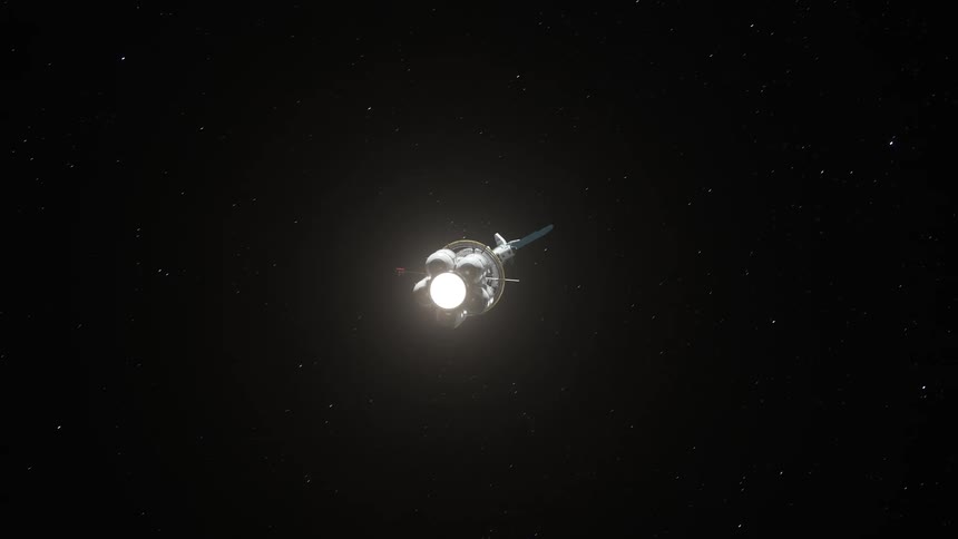 A spaceship is traveling and turns in the darkness of space as it flies away toward the stars
