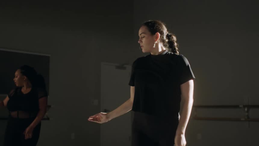 Two women are dancing together in a room