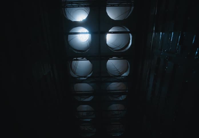 Light shines through air shafts in industrial server farm