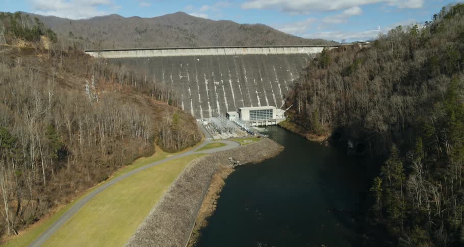 Aerial view of a river and a dam