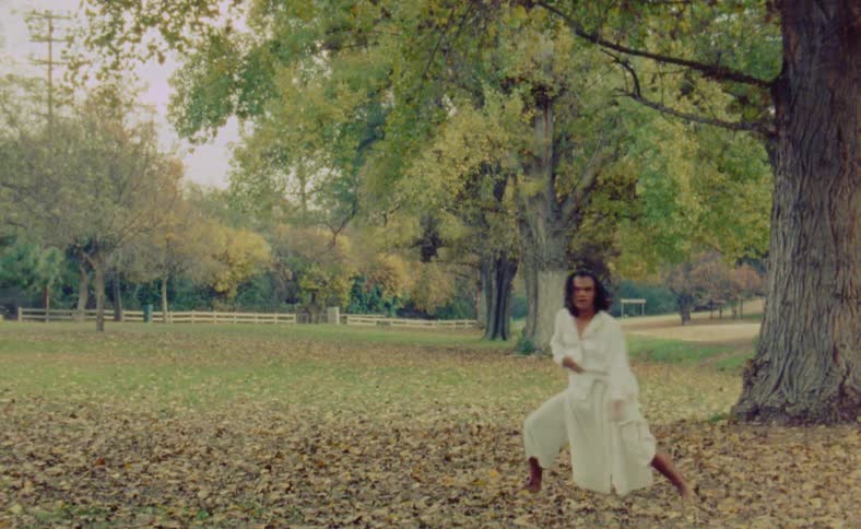 A man wearing white clothes moving elaborately in a park under a tree