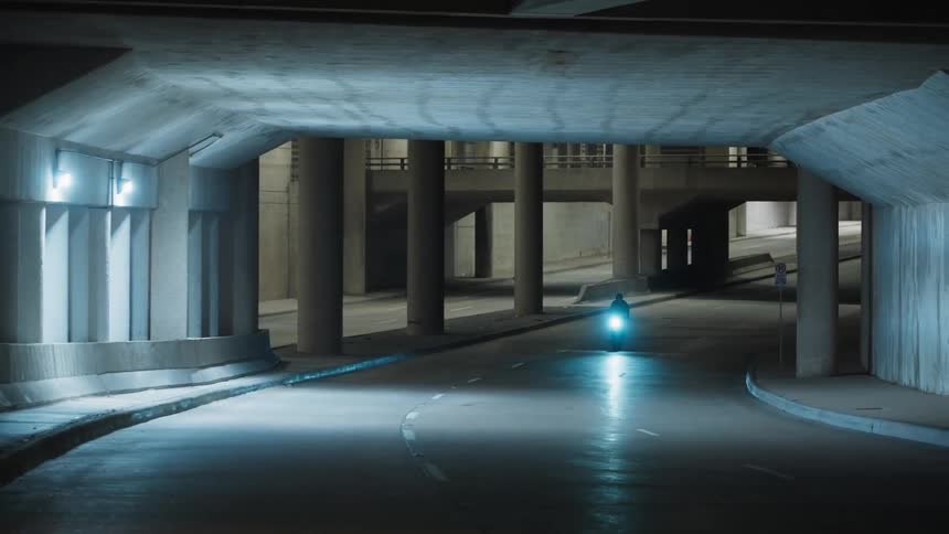 Man rides motorcycle through tunnel at night