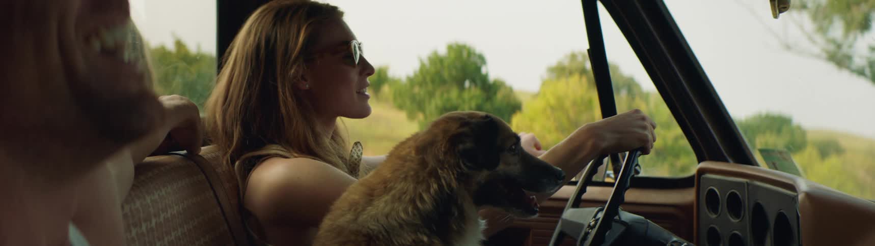 Couple and a dog driving through the countryside on a road trip