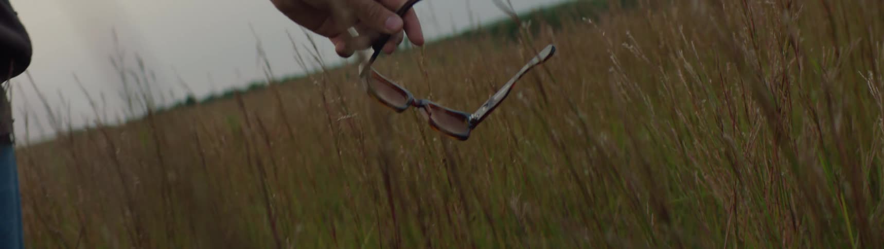 A person is moving a pair of sunglasses through weeds in a field with their hand