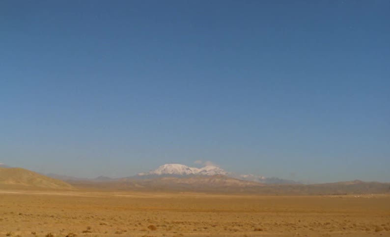 A desert landscape with a snow covered mountain in the distance