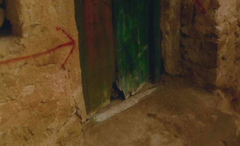 A red arrow pointing to a doorway is painted on a dilapidated adobe wall as a cat looks through a hole in the bottom of the door