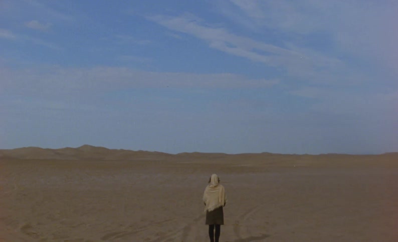 A person standing in the desert facing away looking into the distance at the rolling sand hills