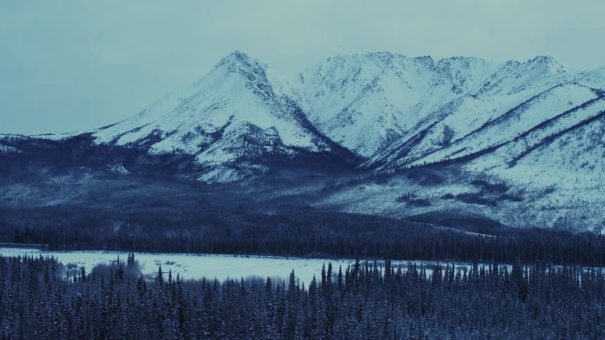 Landscape of snowy forests and high mountain range