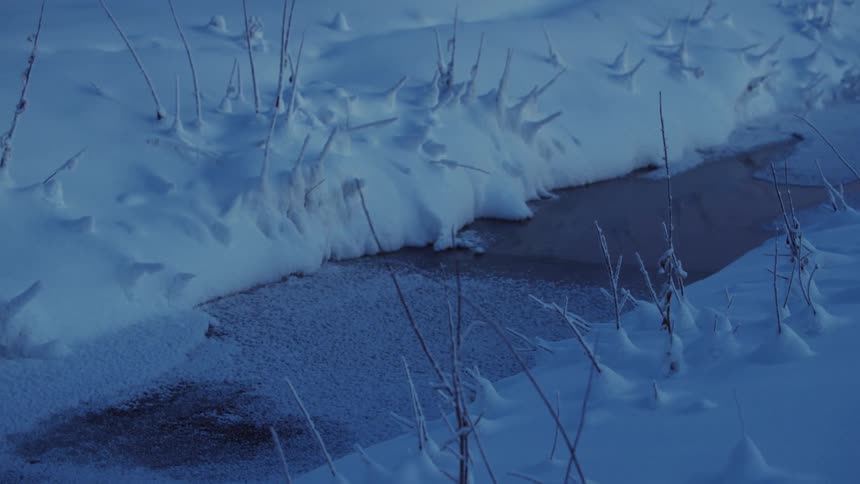 A close up of a creek iced up