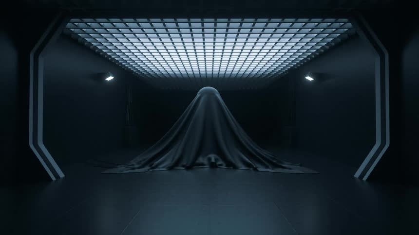 A mysterious object is wrapped in a sheet in a sci fi environment