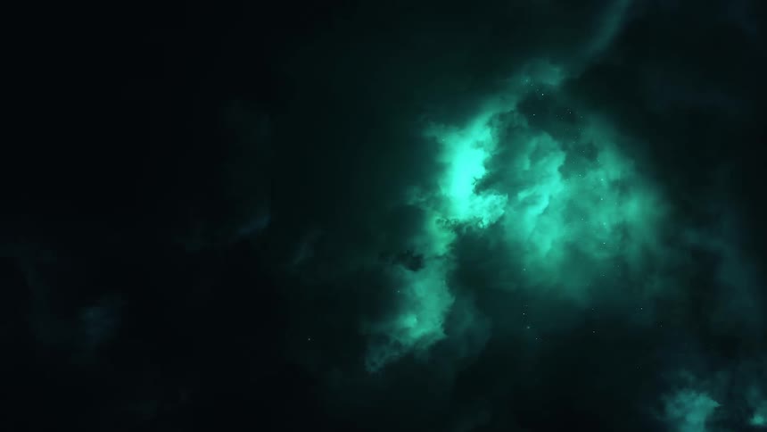 An ominous green light shines in the clouds as stars are floating in the sky