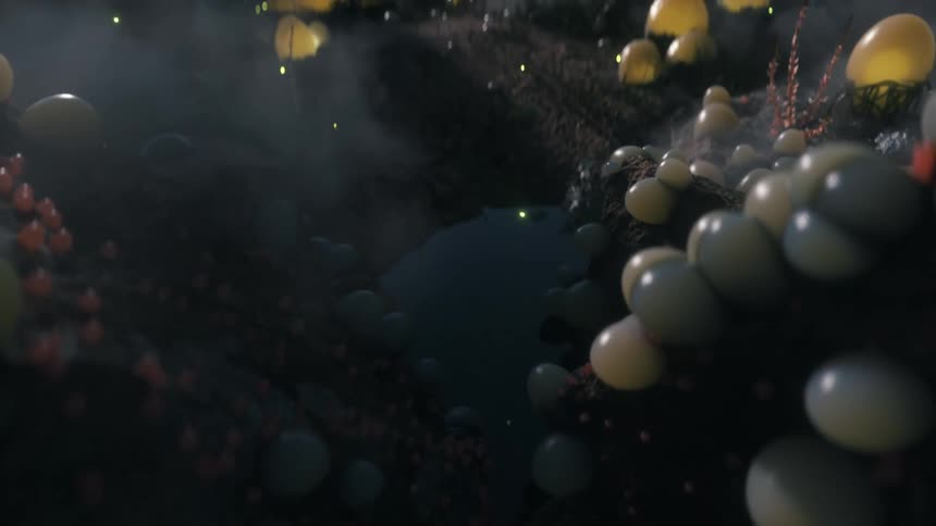 Firefly like insects fly around alien plants and terrain strewn with eggs and bulbs