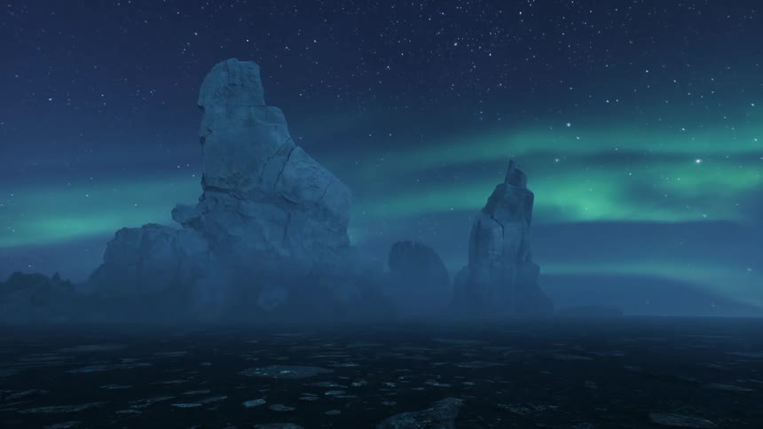 Rock formations under northern lights in the sky