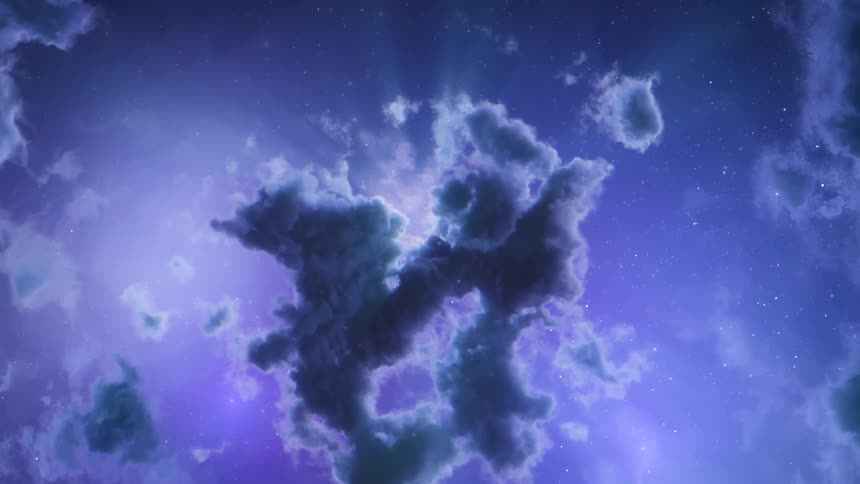 Light spots move above dark blue green tinted clouds under a blue starry sky