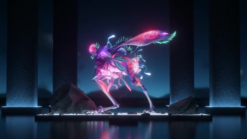 Close up of an alien creature on display in a futuristic room