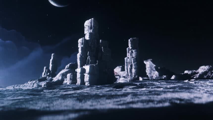 Surreal dreamlike shot of rock formations on the desert under the moon at night