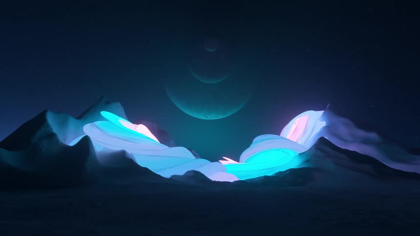 Three planets hang over an abstract colorful alien landscape