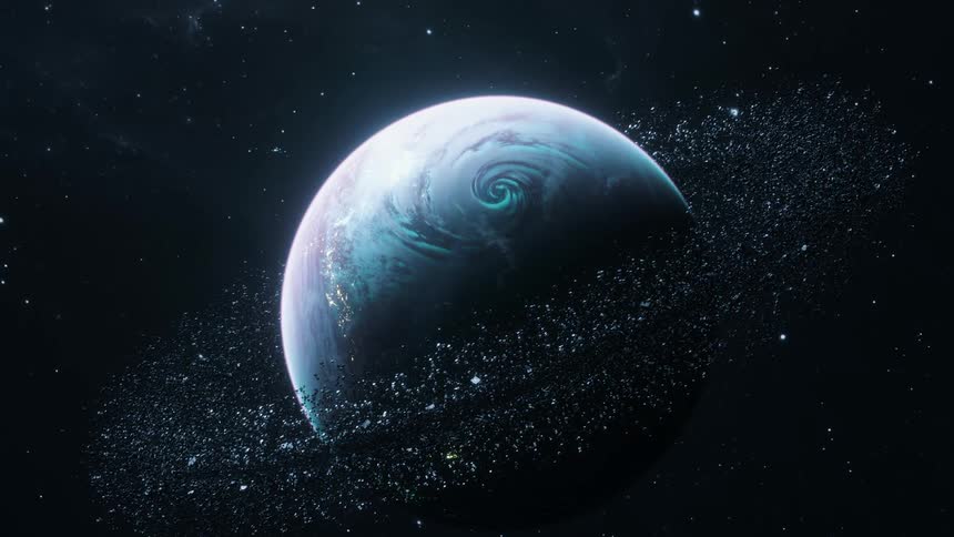 A planet is floating in space as it has a ring of satellites orbiting in the darkness