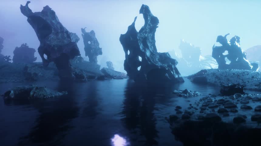 Surreal rock formations are scattered on an alien landscape