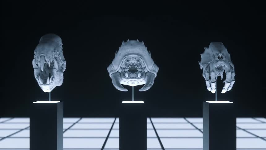 Surreal dreamlike computer generated special effects of alien skulls displayed on a museum