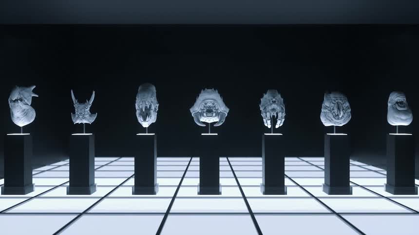 Alien skulls on pedestals in a floor lit room