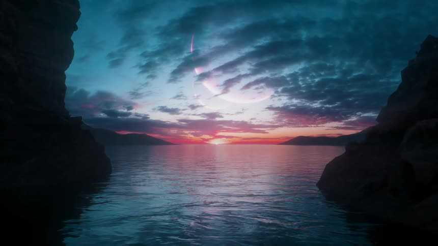 Two crescent planets are seen in the sky above the water