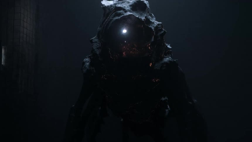 A strange alien creature stands in a dark room
