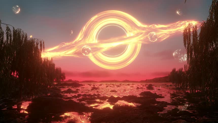 A black hole hangs in the sky over a lake on an alien planet