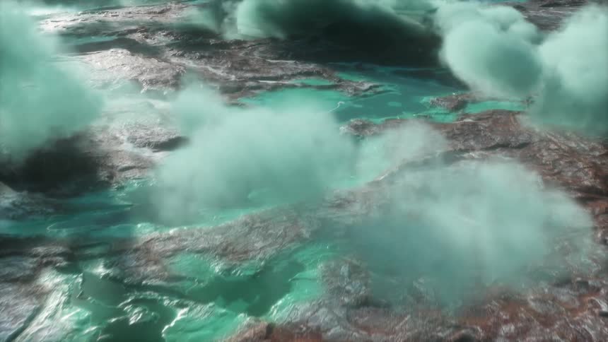 Green clouds float over an alien terrain with lakes of green water scattered across the rough surface