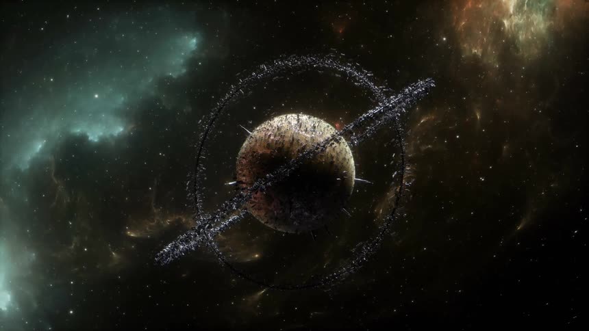 Manmade rings rotate around planet floating near nebula
