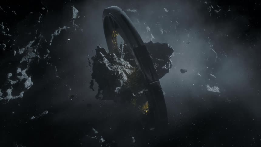 A space ship flies toward a space mining colony on an asteroid