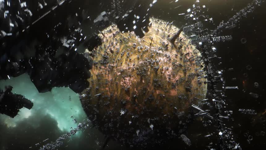 Shot of a planet surrounded by broken debris of a ring station