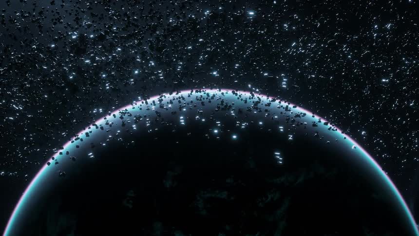 A large field of satellites moving above a blue colored planet in space