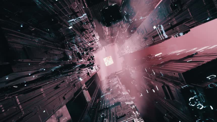 Traveling through futuristic buildings that appear like computer parts