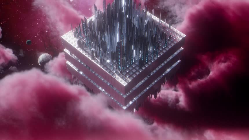A revealing shot of an abstract object in space against a pink starry sky