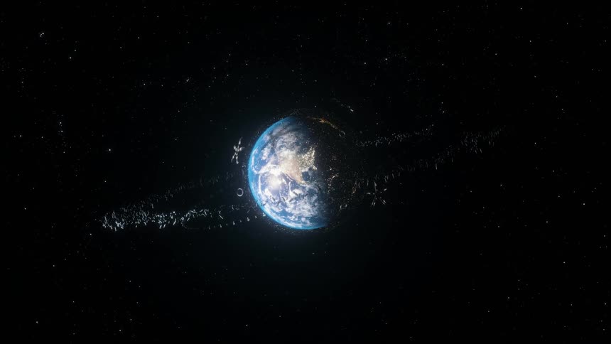 Earth in the far future orbited by thousands of satellites and space craft