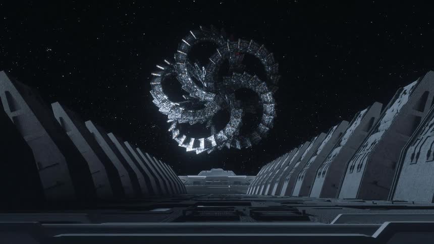 Giant rotating alien technological structure floating over a futuristic landscape