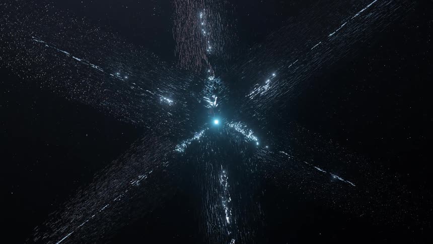 A giant data megastructure is suspended in outer space
