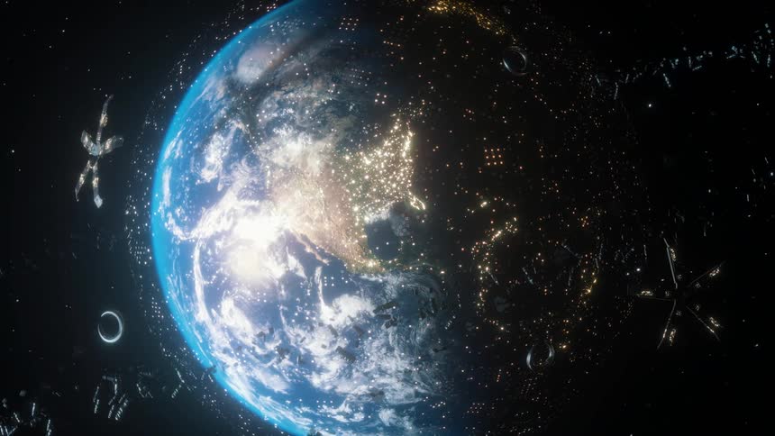 Earth in the far future with space stations satellites floating around