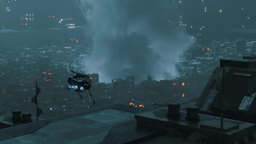A computer animated city is being demolished by a large area of smoke billowing from an area of buildings while a little robot watches from the roof