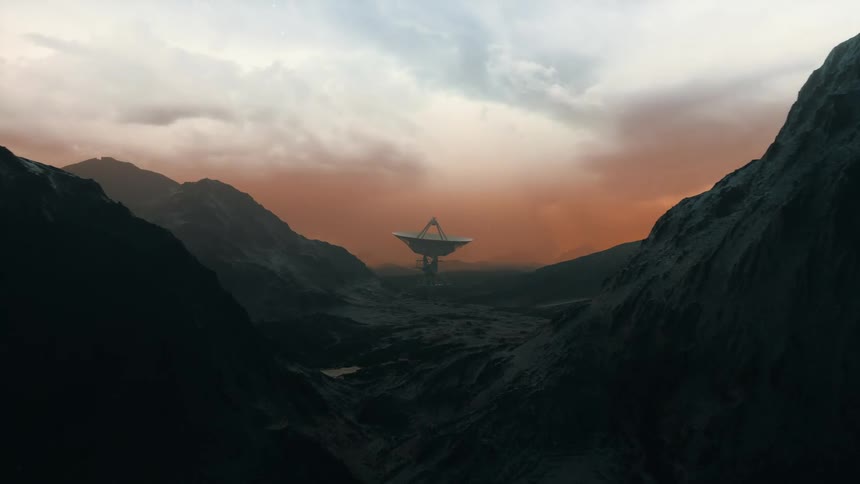 A radio telescope on a mountain range