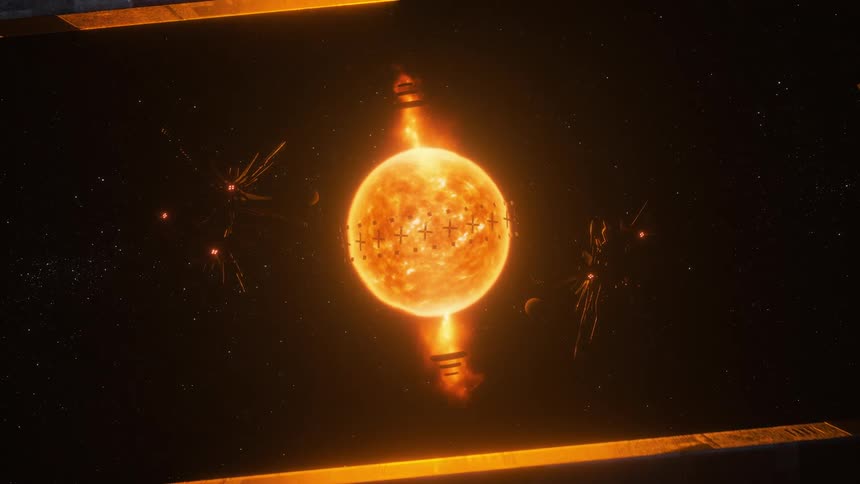 Large sci fi doors open to reveal a star being mined for resources