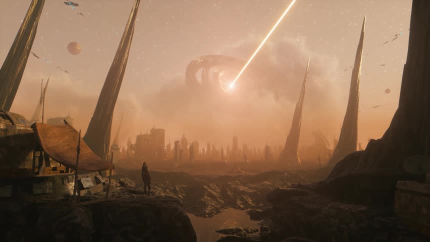 Human overseeing a futuristic science fiction landscape with a laser light emitted in the distance