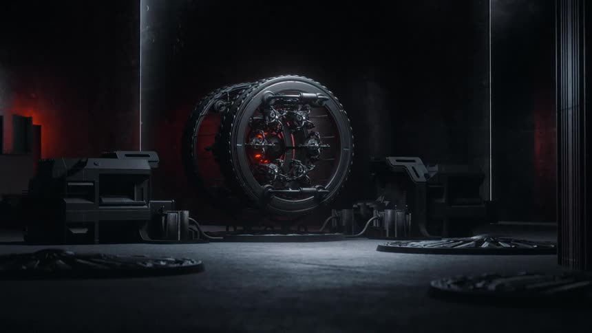 A futuristic engine is spinning in a high tech room