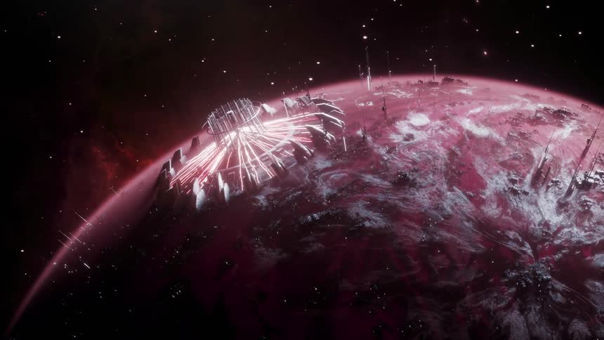 A space ship is flying above a pink alien planet as lights move across the surface illuminating the craft