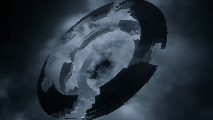 A futuristic space station is floating in the sky