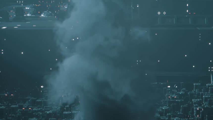 Vapor rises from exhaust port in center of futuristic city to join smog in air